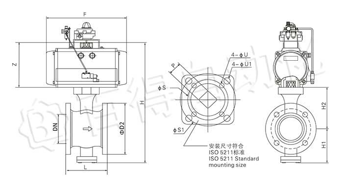 氣動(dòng)法蘭式V型球閥外形尺寸圖